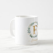 F monogram, klantspecifieke bladkrans koffiemok (Voorkant links)