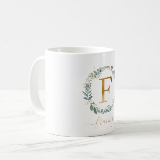 F monogram, klantspecifieke bladkrans koffiemok (Voorkant links)