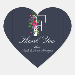 F Monogram Laatste Initiaal Modern Blauwe Bloemige Hart Sticker