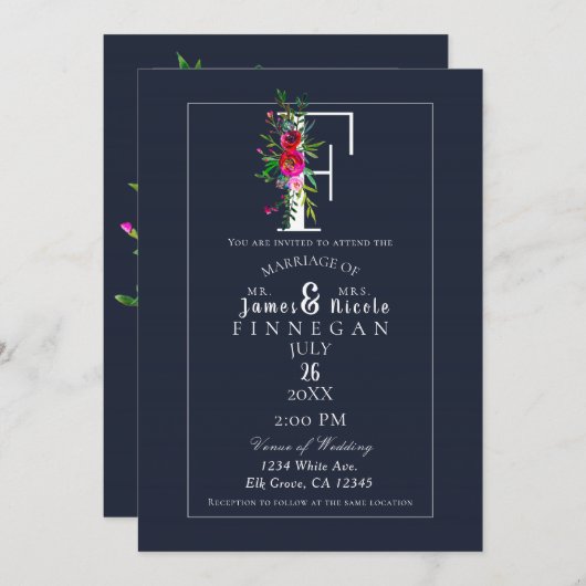 F Monogram Laatste Initiaal Modern Blue Floral Wed Kaart (Voorkant / Achterkant)