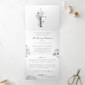 'F' Monogram prachtig geborsteld Floral Wedding Drieluik Uitnodiging (Binnen)