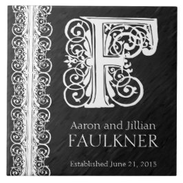 F Monogram "Witte kant op zwart" bruiloft Tegel Tegeltje