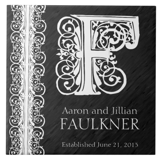 F Monogram "Witte kant op zwart" bruiloft Tegel Tegeltje (Voorkant)