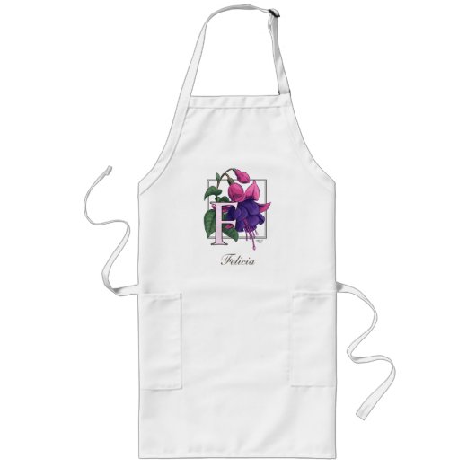 F voor Fuchsia Flower Monogram Lang Schort (Voorkant)