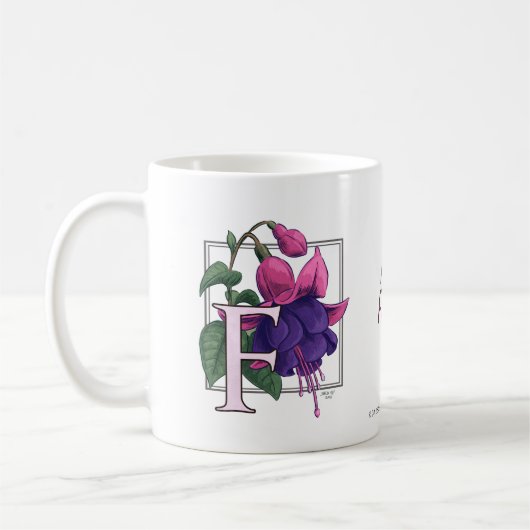 F voor het Fuchsiakleurig Monogram van de Bloem Koffiemok (Links)