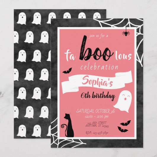 Fa"boo"lous Girls Birthday Ghost Halloween Invitat Kaart (Voorkant / Achterkant)