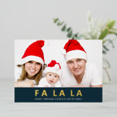 Fa La Blauw Goud Moderne Kerstfoto Folie Feestdagenkaart (Staand Voorkant)