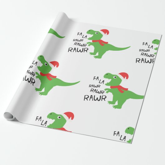 FA LA DINASOUR IN A SANTA HAT WRAPPING PAPER CADEAUPAPIER (Uitgerold)