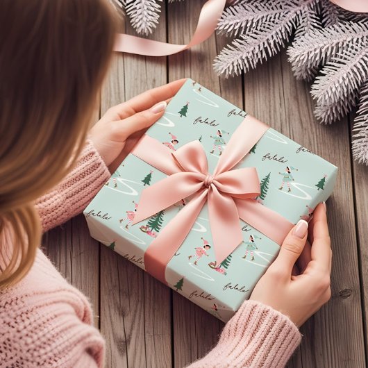 Fa La La Cute Pink Elf Ice Skating Girly  Cadeaupapier