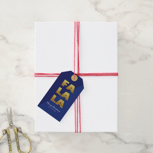 Fa La La | Fun Christmas Blue & Gold Cadeaulabel (Met Touw)