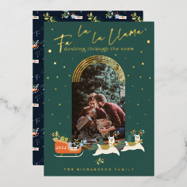 Fa La La Kersta Reindeers & Sleigh Photo Folie Feestdagenkaart