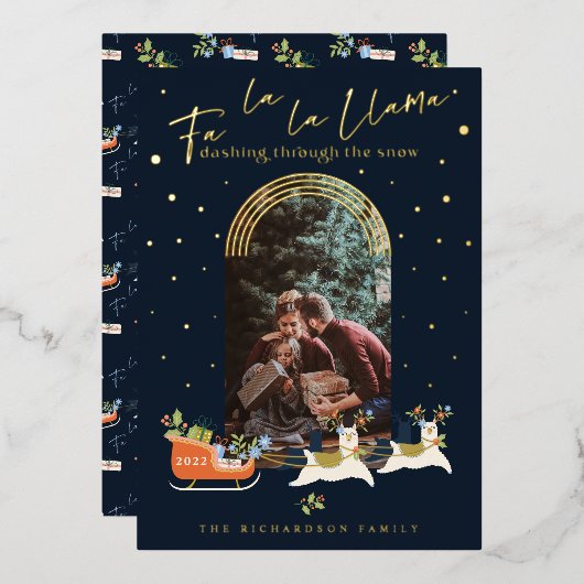 Fa La La Kersta Reindeers & Sleigh Photo Folie Feestdagenkaart (Voorkant / Achterkant)