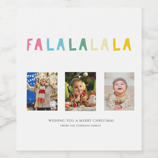 Fa La La Kerstmis 3 Foto Collage Cute Pastel Wijn Etiket (Enkel label)