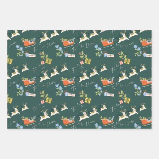 Fa La La La Kerstllama Reindeers Sleigh Pattern Inpakpapier Vel (Voorkant 2)