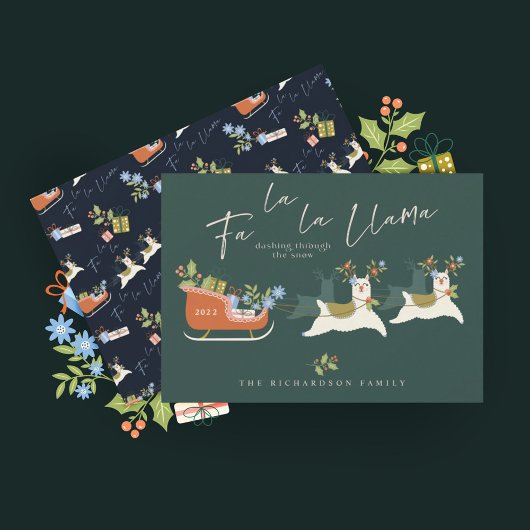 Fa La La La Kerstmis Llama Reindeers & Sleigh Gift Feestdagenkaart