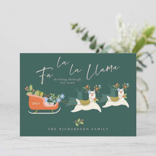 Fa La La La Kerstmis Llama Reindeers & Sleigh Gift Feestdagenkaart (Staand voorkant)