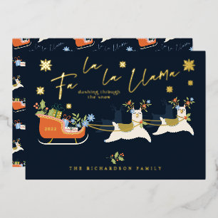 Fa La La La Kerstmis Llama Reindeers & Sleigh Gift Folie Feestdagenkaart