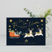Fa La La La Kerstmis Llama Reindeers & Sleigh Gift Folie Feestdagenkaart (Staand Voorkant)