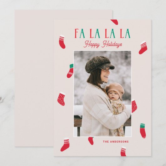 Fa La La La La Christmas. Cute Photo and Stockings Feestdagenkaart (Voorkant / Achterkant)