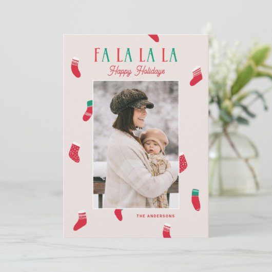 Fa La La La La Christmas. Cute Photo and Stockings Feestdagenkaart (Staand voorkant)
