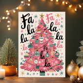 Fa La La La Roze Retro Kerstboom Feestdagen Kaart