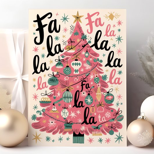 Fa La La La Roze Retro Kerstboom Feestdagen Kaart