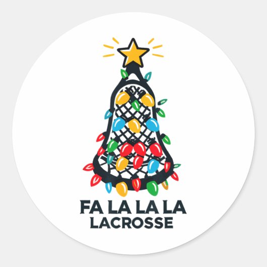 Fa La La Lacrosse Speler Kerstboom Lichten XMA Ronde Sticker (Voorkant)