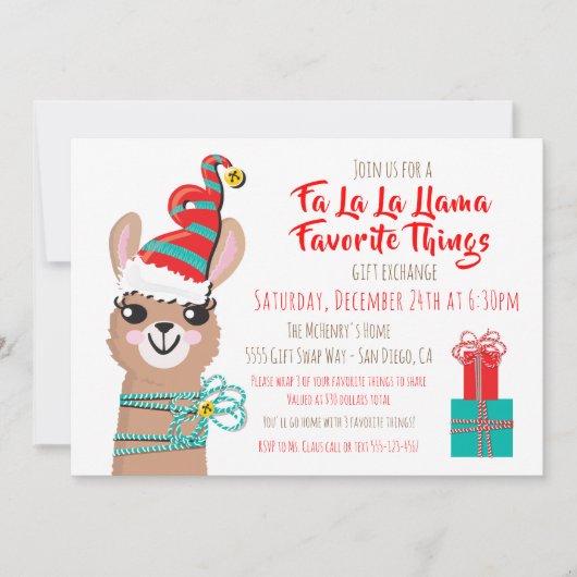 Fa la la Llama Favorite Dittes Gift Exchange Kaart (Voorkant)
