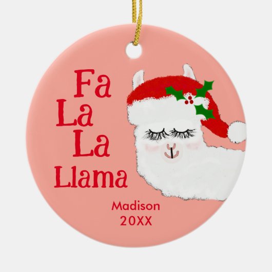 Fa La La Llama Funny kerstcitaat Roze Kinderen Keramisch Ornament (Voorkant)