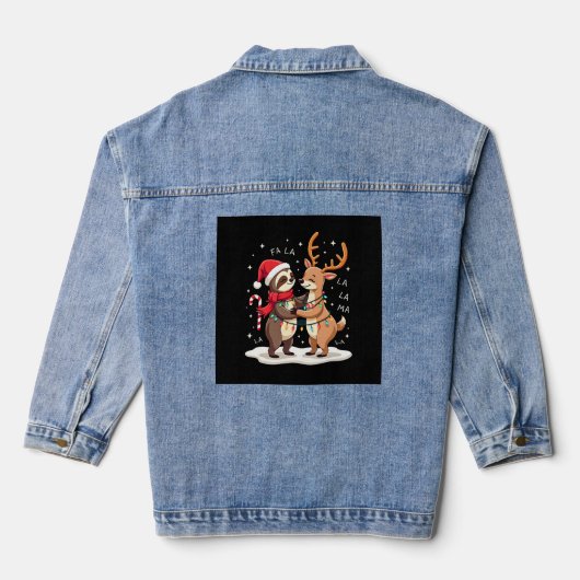 Fa La La Llama Xmas Lights Sloth Riding Llama Chri Denim Jacket (Achterkant)