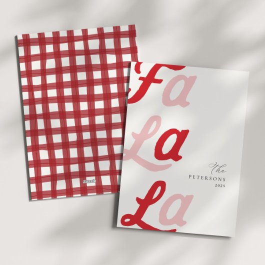 Fa la La Modern Roze & Rode Plaid Familie Kerstmis Feestdagenkaart