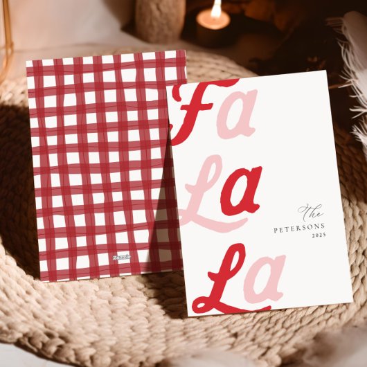 Fa la La Modern Roze & Rode Plaid Familie Kerstmis Feestdagenkaart
