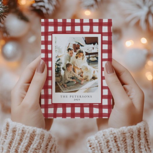 Fa la La Moderne Retro Plaid Familiefoto Xmas Feestdagenkaart