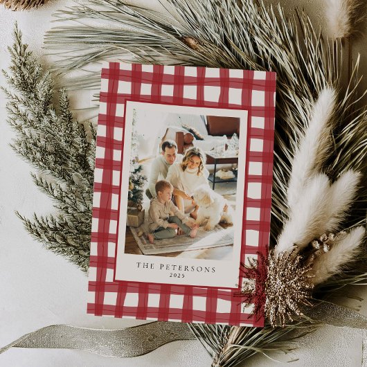 Fa la La Moderne Retro Plaid Familiefoto Xmas Feestdagenkaart