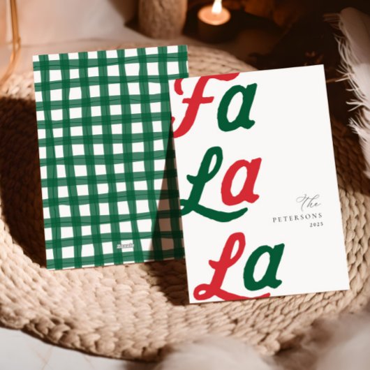 Fa la la moderne rode retro plaid familie kerst feestdagenkaart
