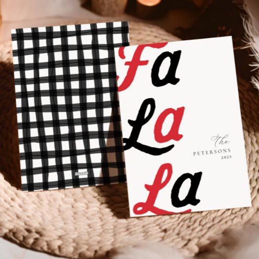 Fa la la moderne rode retro plaid familie kerst feestdagenkaart