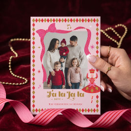 Fa La La Notenkraker Roze Festive Kerst Foto Feestdagenkaart