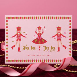 Fa La La Notenkraker Roze Kerst Familie Foto Feestdagenkaart