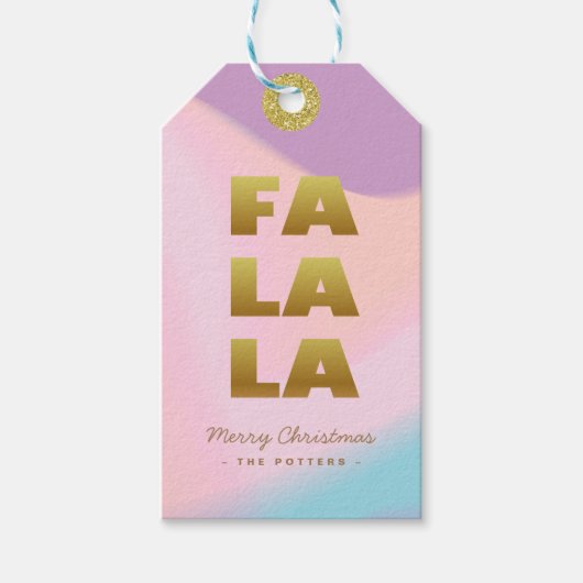 Fa La La | Pastel Gradient & Gouden Kerstmis Cadeaulabel (Voorkant)