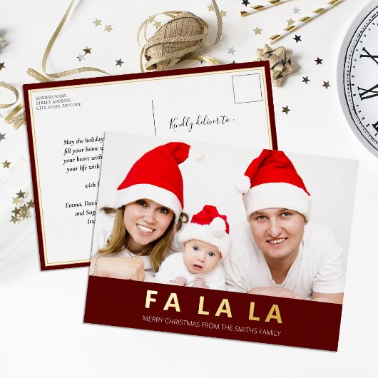 Fa la la rood goud moderne kerstfoto folie feestdagen briefkaart