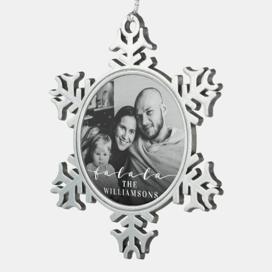 Fa La La Trendy Script Kerstfoto Tin Sneeuwvlok Ornament (Rechts)