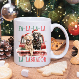 FA LA LABRADOR HOND RODE VRACHTWAGEN HARIG KERSTFE KOFFIEMOK
