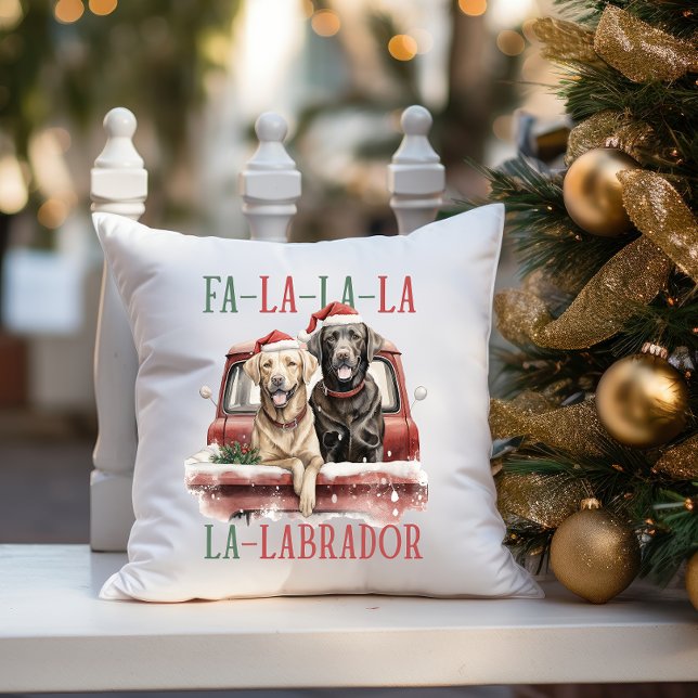 FA LA LABRADOR HOND RODE VRACHTWAGEN HARIG KERSTFE KUSSEN (dog themed home decor for labrador owner and golden retriever lover  FA LA LA LA CHRISMTAS)
