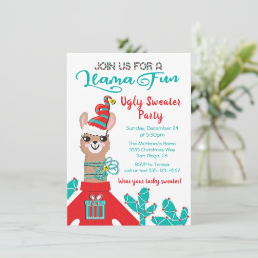 Fa la Llama Ugly kerstSweater Party Kaart (Staand voorkant)