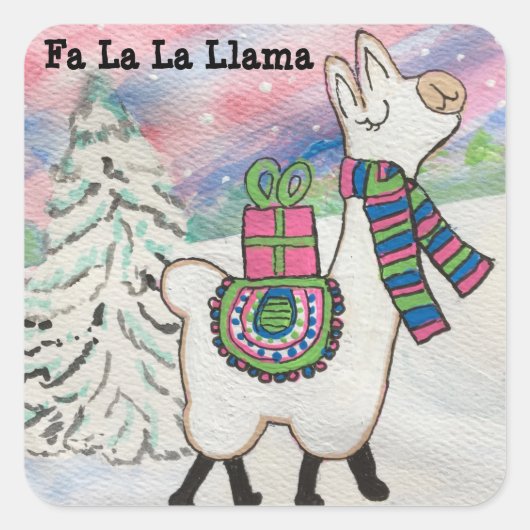Fa La Llama Whimsical Kerstmis Vierkante Sticker (Voorkant)