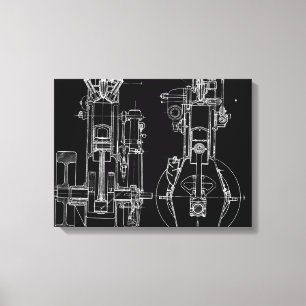 FAB MECHANICAL DRAWING BLUEPRINT BLACK WHITE CANVAS AFDRUK
