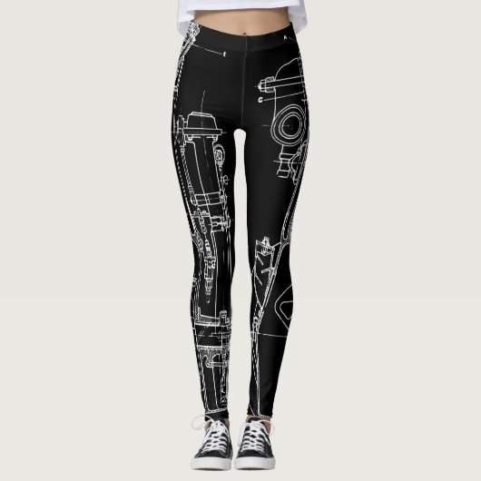 FAB MECHANICAL DRAWING BLUEPRINT BLACK WHITE LEGGINGS (Voorkant)