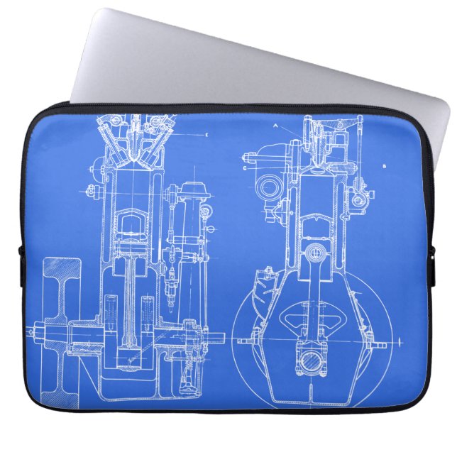 FAB MECHANISCHE BLUEPRINT BLUE WHITE LAPTOP SLEEVE (Voorkant)