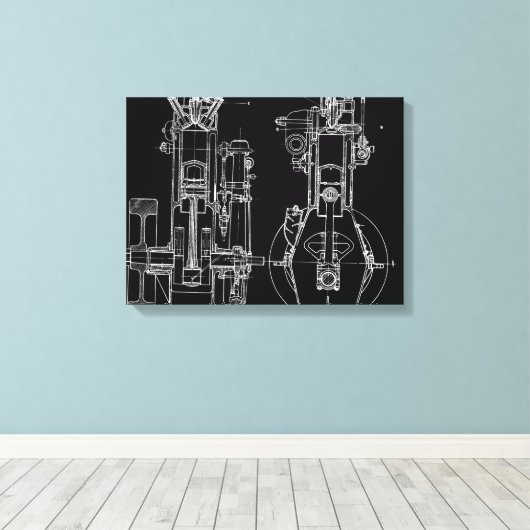 FAB MECHANISCHE TEKENING BLAUWDRUK ZWART WIT CANVAS AFDRUK (Insitu (Houten vloer))