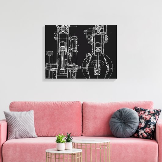 FAB MECHANISCHE TEKENING BLAUWDRUK ZWART WIT CANVAS AFDRUK (Insitu (Woonkamer))